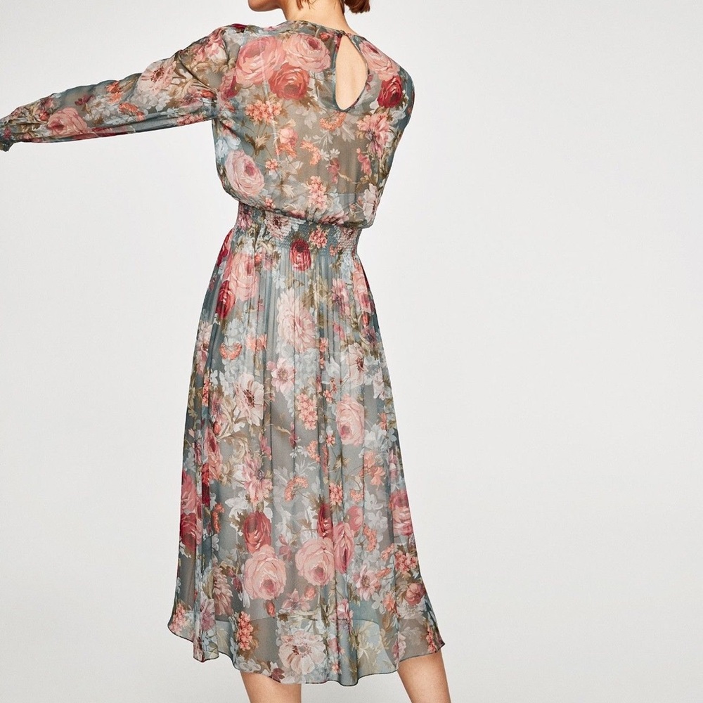 NWT Zara Green and Pink Floral Midi Dress - Picture 4 of 8